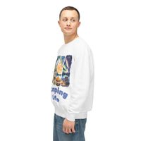 Printify white eco-friendly camping sweatshirt worn by male model showing colorful campsite graphic and relaxed fit