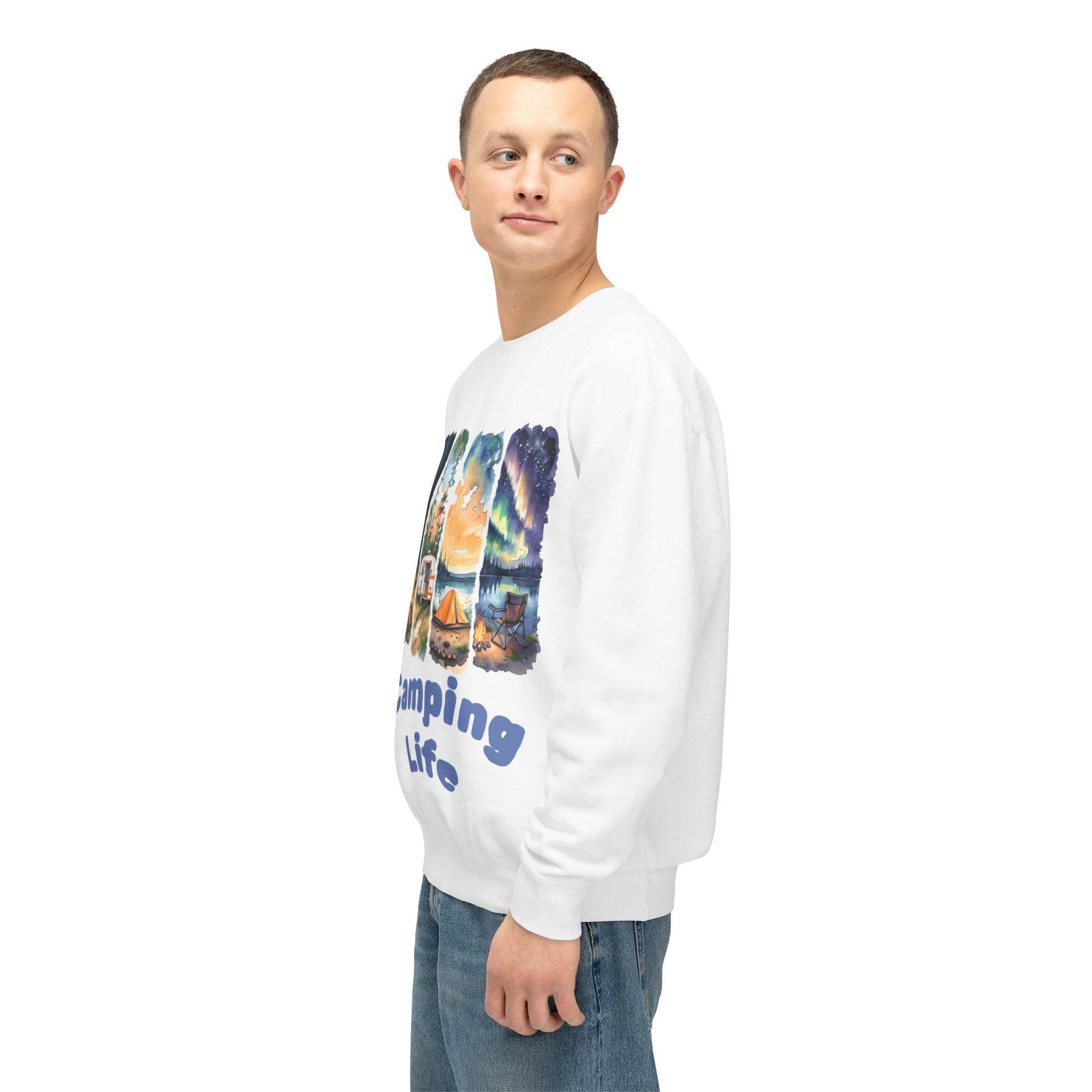 Printify white eco-friendly camping sweatshirt worn by male model showing colorful campsite graphic and relaxed fit