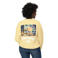 Printify eco-friendly camping sweatshirt pale yellow shown from back with illustrated campsite panels and Camping Life text