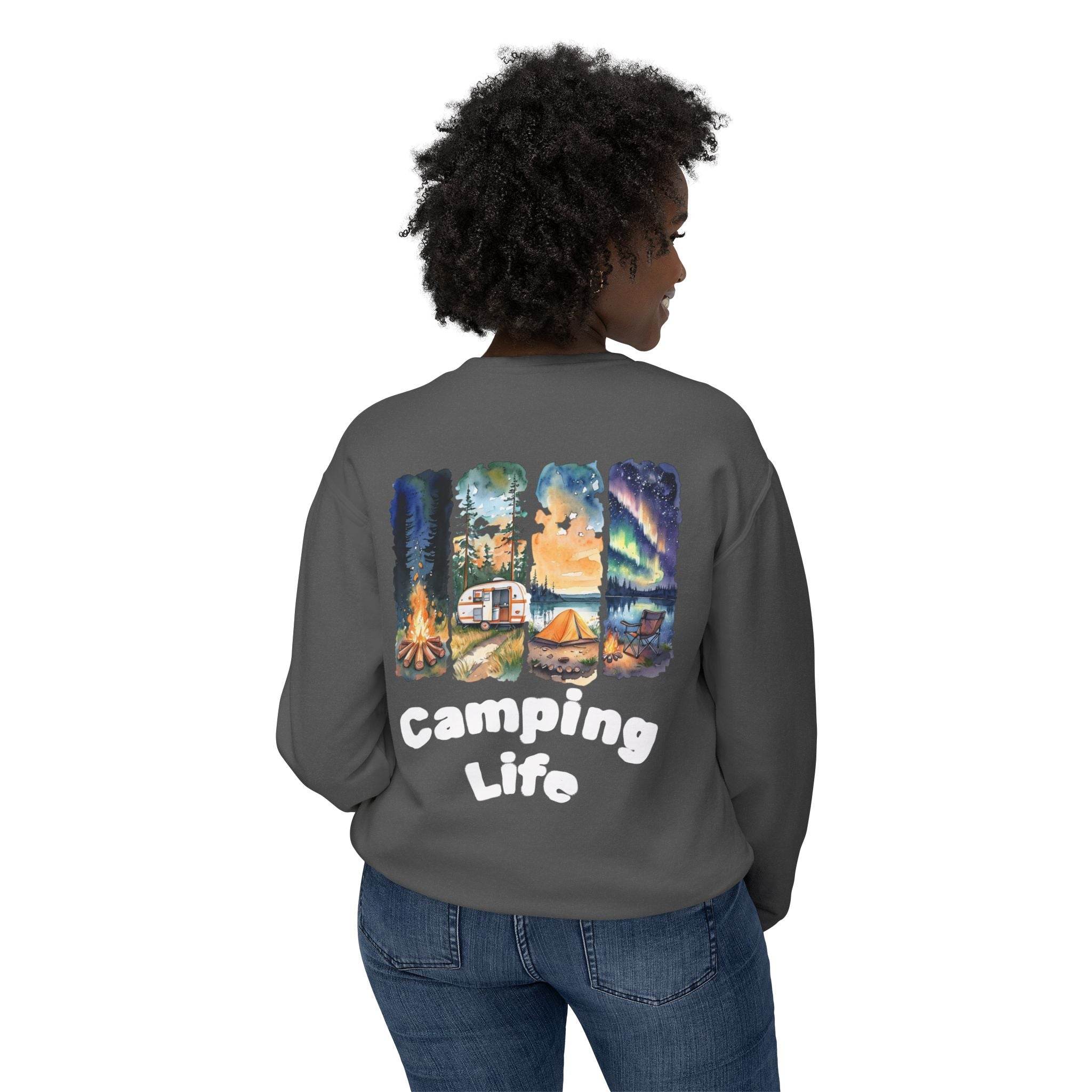 Printify gray sweatshirt back view with colorful camping scenes and Camping Life text eco-friendly camping sweatshirt