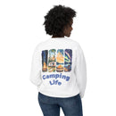 Printify eco-friendly camping sweatshirt white showing back graphic of camper tent campfire and aurora borealis