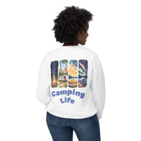 Printify eco-friendly camping sweatshirt white showing back graphic of camper tent campfire and aurora borealis