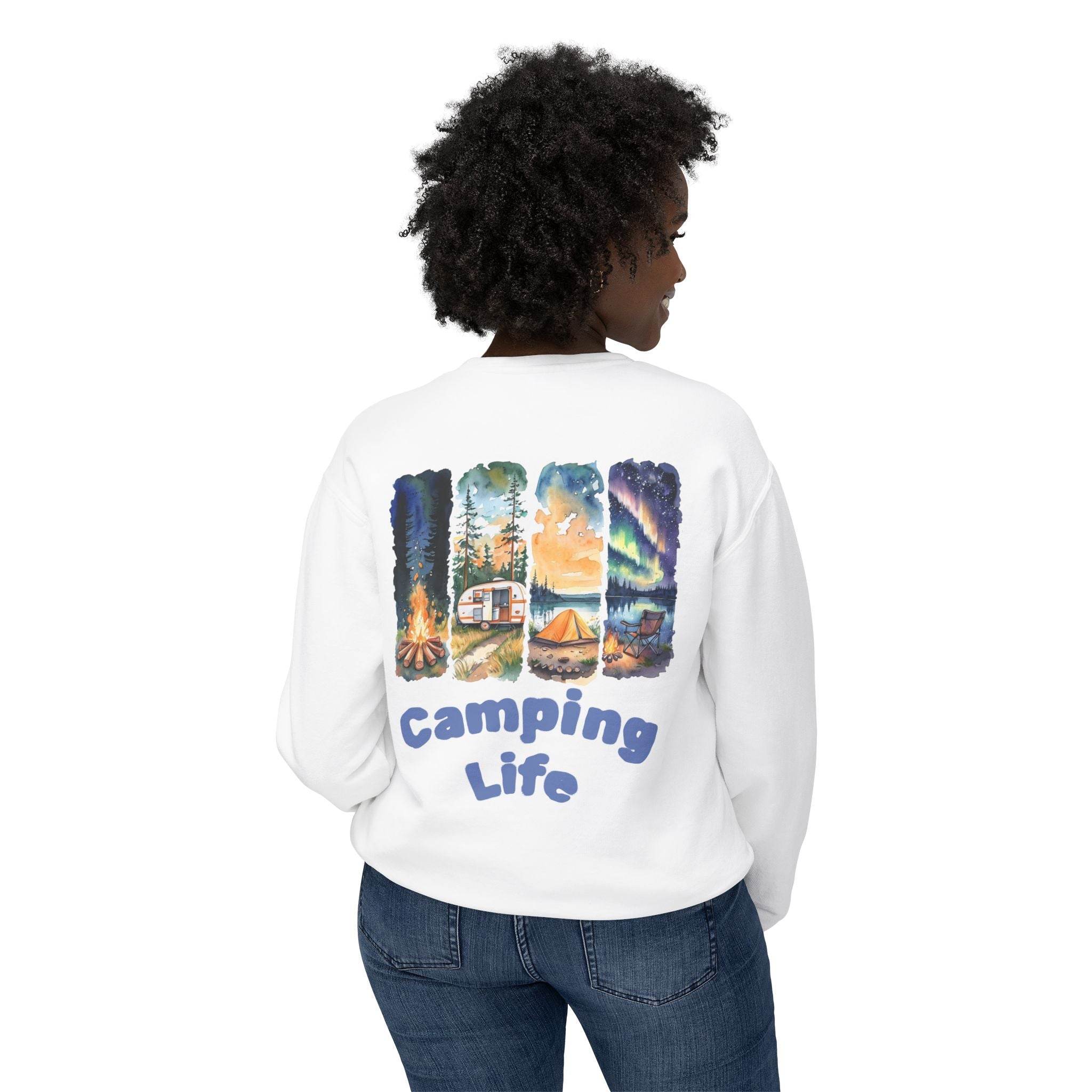 Printify eco-friendly camping sweatshirt white showing back graphic of camper tent campfire and aurora borealis