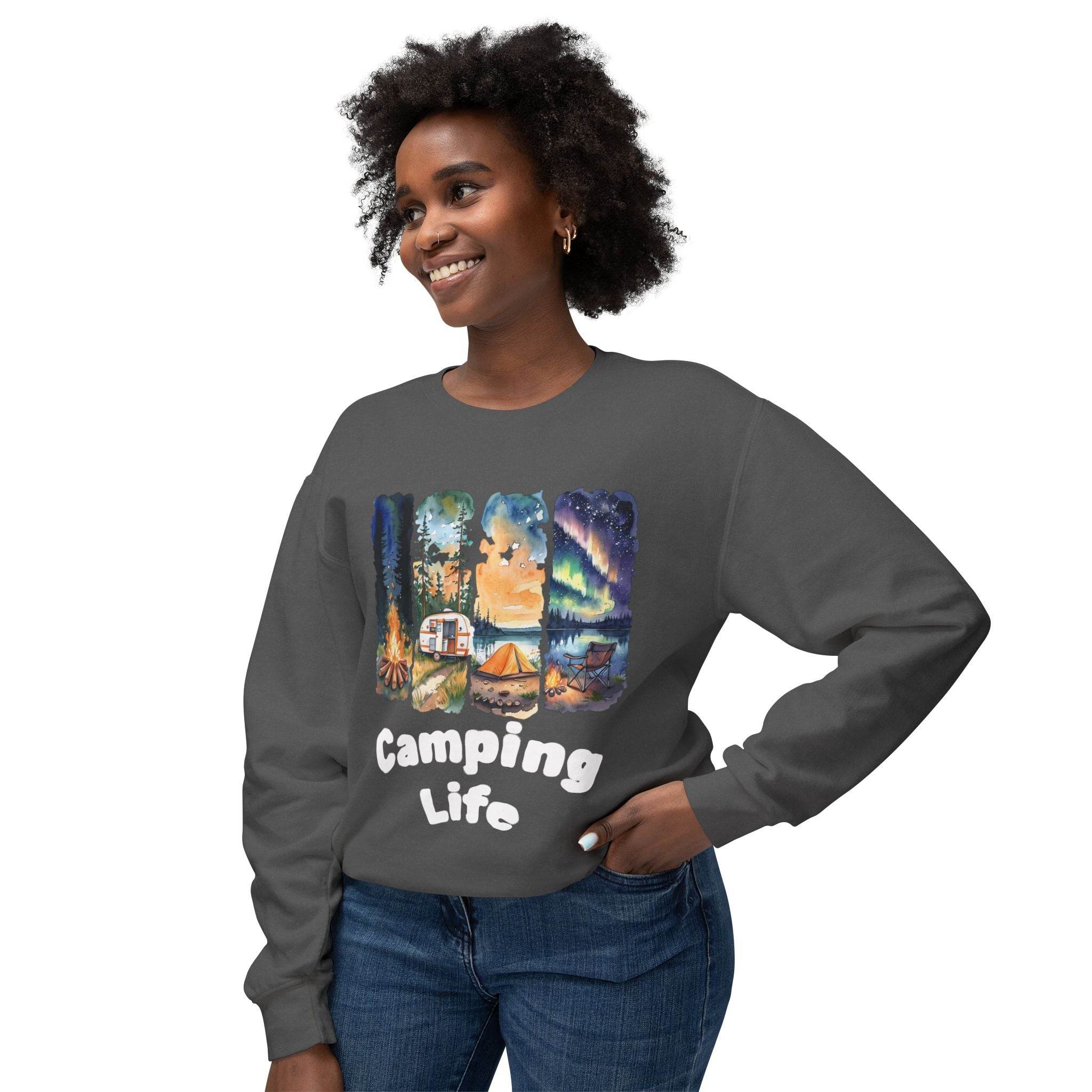Printify eco-friendly camping sweatshirt worn by smiling woman showing Camping Life graphic with tent camper and campfire