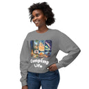 Printify gray crewneck with vibrant campsite illustration and Camping Life on smiling woman eco-friendly camping sweatshirt