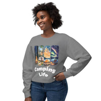 Printify gray crewneck with vibrant campsite illustration and Camping Life on smiling woman eco-friendly camping sweatshirt