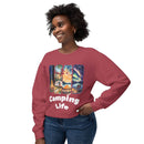 Smiling woman modeling Printify eco-friendly camping sweatshirt in red with Camping Life outdoor scene graphic