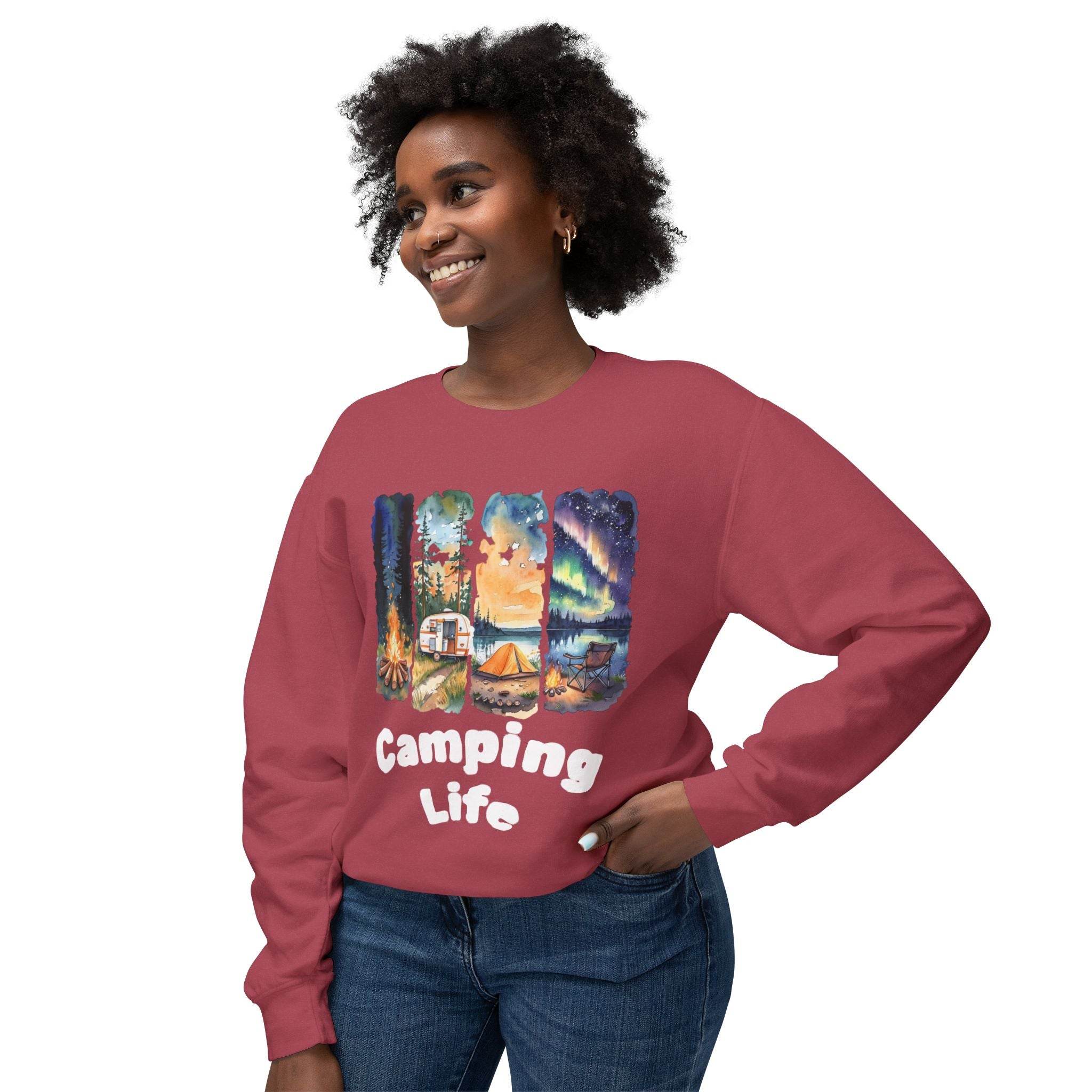 Smiling woman modeling Printify eco-friendly camping sweatshirt in red with Camping Life outdoor scene graphic