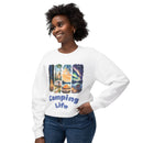 Printify eco-friendly camping sweatshirt white crewneck with colorful Camping Life nature graphic worn by smiling woman