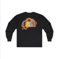 Printify black long-sleeve shirt with sunflower and autumn leaves FALL back graphic eco-friendly fall fashion tee