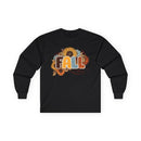 Printify black long-sleeve shirt with retro sunflower FALL graphic eco-friendly fall fashion tee