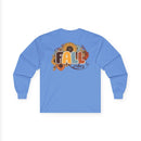 Printify eco-friendly fall fashion tee long sleeve light blue with sunflower FALL vibes back graphic
