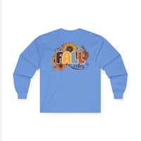 Printify eco-friendly fall fashion tee long sleeve light blue with sunflower FALL vibes back graphic