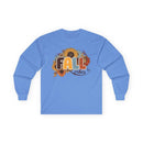 Printify blue long sleeve shirt with Fall vibes sunflower design and vintage lettering eco-friendly fall fashion tee