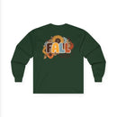 Printify dark green long sleeve shirt with retro FALL sunflower and leaves design eco-friendly fall fashion tee