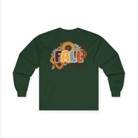 Printify dark green long sleeve shirt with retro FALL sunflower and leaves design eco-friendly fall fashion tee