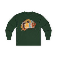 Printify long sleeve forest green shirt with sunflower and pumpkin fall graphic eco-friendly fall fashion tee for cozy autumn wear