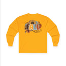 Printify long-sleeve yellow tee with retro sunflower FALL vibes back graphic on soft fabric eco-friendly fall fashion tee