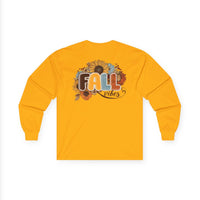 Printify long-sleeve yellow tee with retro sunflower FALL vibes back graphic on soft fabric eco-friendly fall fashion tee