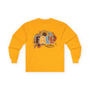 Printify long sleeve yellow shirt with sunflower and retro FALL vibes graphic eco-friendly fall fashion tee for autumn layering