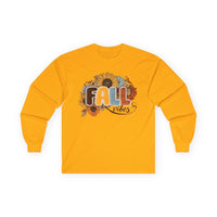 Printify long sleeve yellow shirt with sunflower and retro FALL vibes graphic eco-friendly fall fashion tee for autumn layering
