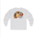 Printify long sleeve white tee with Fall Vibes sunflower and autumn foliage back print eco-friendly fall fashion tee