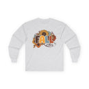 Printify long sleeve shirt with sunflower and autumn leaves Fall vibes graphic on heather gray eco-friendly fall fashion tee