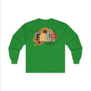 Printify green long sleeve tee with sunflower and Fall vibes graphic on back eco-friendly fall fashion tee