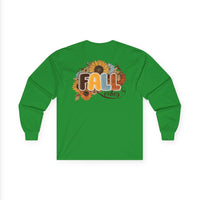 Printify green long sleeve tee with sunflower and Fall vibes graphic on back eco-friendly fall fashion tee
