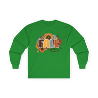 Printify long sleeve green shirt with sunflower fall vibes graphic perfect eco-friendly fall fashion tee