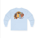 Printify long sleeve light blue shirt with sunflower and autumn leaves Fall vibes design on back eco-friendly fall fashion tee