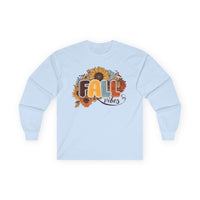 Light blue long sleeve Printify shirt with sunflower and autumn leaves FALL vibes graphic eco-friendly fall fashion tee