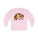 Printify long sleeve pink tee with sunflower and leaves Fall vibes graphic eco-friendly fall fashion tee for autumn styling