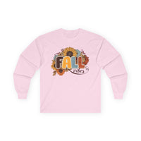 Printify long sleeve pink tee with sunflower and leaves Fall vibes graphic eco-friendly fall fashion tee for autumn styling