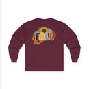Printify maroon long sleeve shirt with sunflower bouquet and retro FALL lettering eco-friendly fall fashion tee