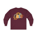 Maroon long sleeve Printify tee with sunflower fall graphic reading FALL in retro colors eco-friendly fall fashion tee