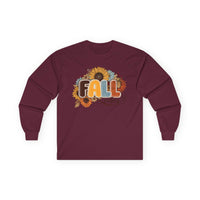 Maroon long sleeve Printify tee with sunflower fall graphic reading FALL in retro colors eco-friendly fall fashion tee