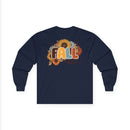 Printify navy long sleeve back print featuring sunflowers autumn leaves and retro FALL lettering eco-friendly fall fashion tee