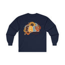 Printify eco-friendly fall fashion tee long sleeve navy shirt with retro FALL lettering and sunflowers