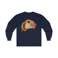 Printify eco-friendly fall fashion tee long sleeve navy shirt with retro FALL lettering and sunflowers