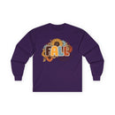 Printify long sleeve purple shirt with sunflower FALL graphic and autumn leaves eco-friendly fall fashion tee