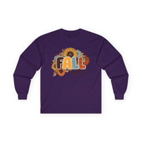 Printify long sleeve purple shirt with sunflower FALL graphic and autumn leaves eco-friendly fall fashion tee