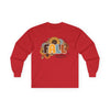 Printify red long sleeve tee with sunflower and floral fall vibes graphic eco-friendly fall fashion tee