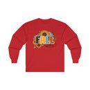 Printify red long sleeve tee with sunflower and floral fall vibes graphic eco-friendly fall fashion tee