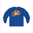 Printify blue long sleeve back view with sunflower and autumn leaves Fall vibes print eco-friendly fall fashion tee