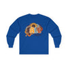 Printify long sleeve blue shirt with sunflower and autumn leaves and retro FALL vibes graphic eco-friendly fall fashion tee