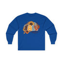 Printify long sleeve blue shirt with sunflower and autumn leaves and retro FALL vibes graphic eco-friendly fall fashion tee