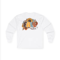 Printify white long sleeve shirt with retro FALL vibes sunflower and autumn floral design eco-friendly fall fashion tee