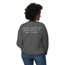 Printify eco-friendly funny sweatshirt gray crewneck with white back text please cancel my subscription to your issues on model