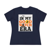 Printify navy womens tee with IN MY GOOD WITCH ERA Halloween design featuring witch and bats eco friendly halloween t shirt women